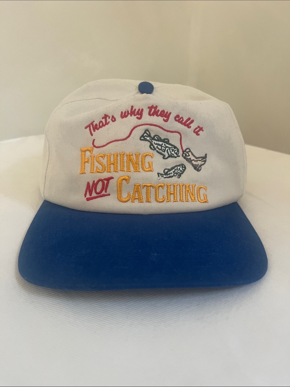 Fishing Not Catching Embroidered Baseball Cap - White & Blue